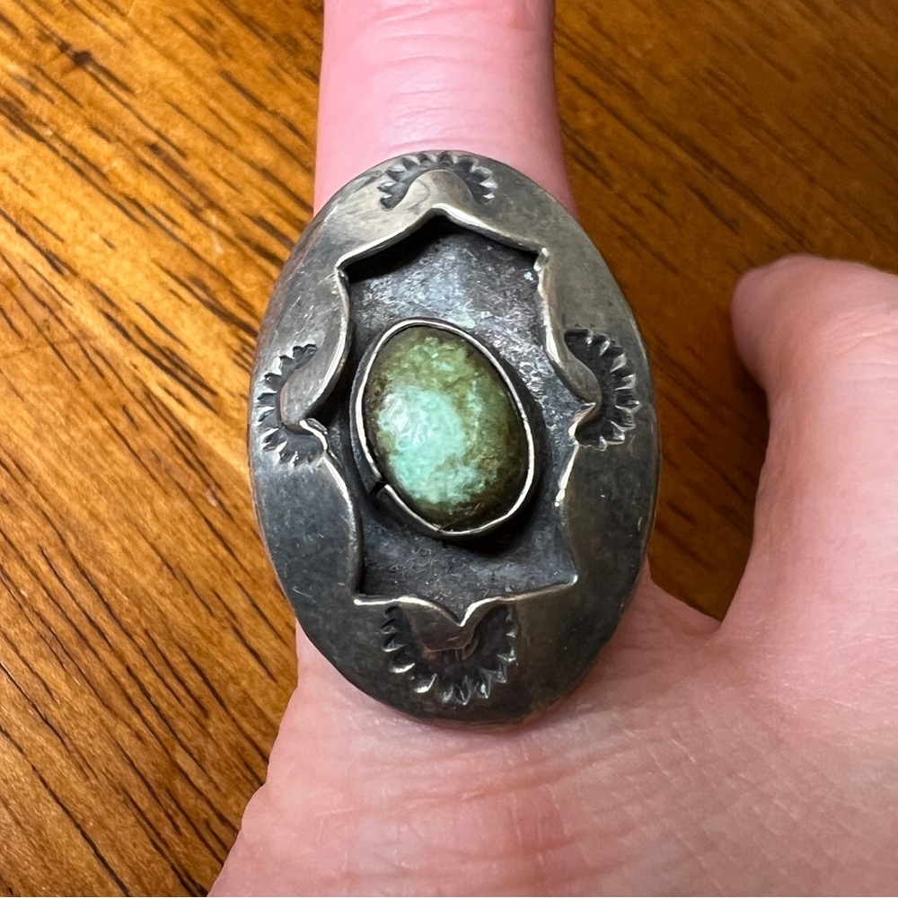 Vintage Green Turquoise Shadow Box Sterling Silver 925 Ring, Size 4